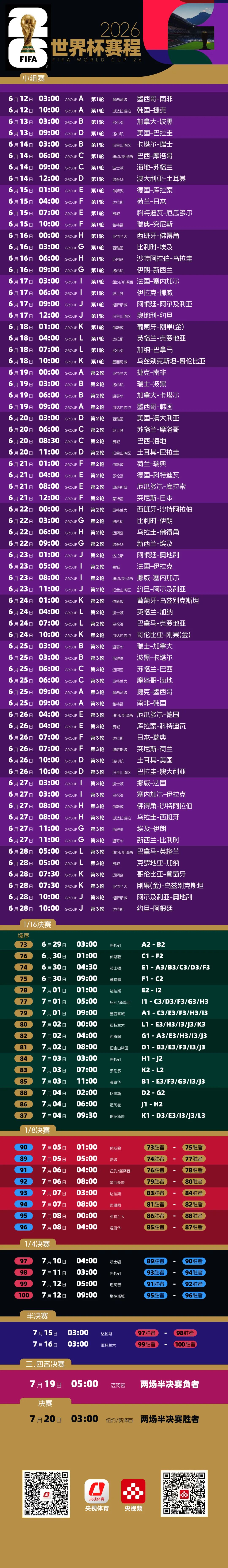 2026年足球世界杯比赛时间表